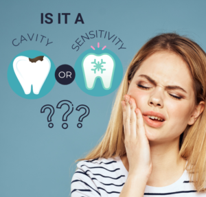 Text: Is it a cavity or a sensitivity. Photo of a young woman holding her jaw in pain